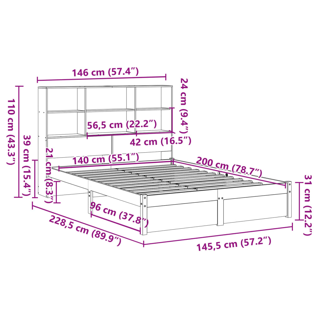 Lit en bois massif avec étagère sans matelas blanc 140x200 cm pin