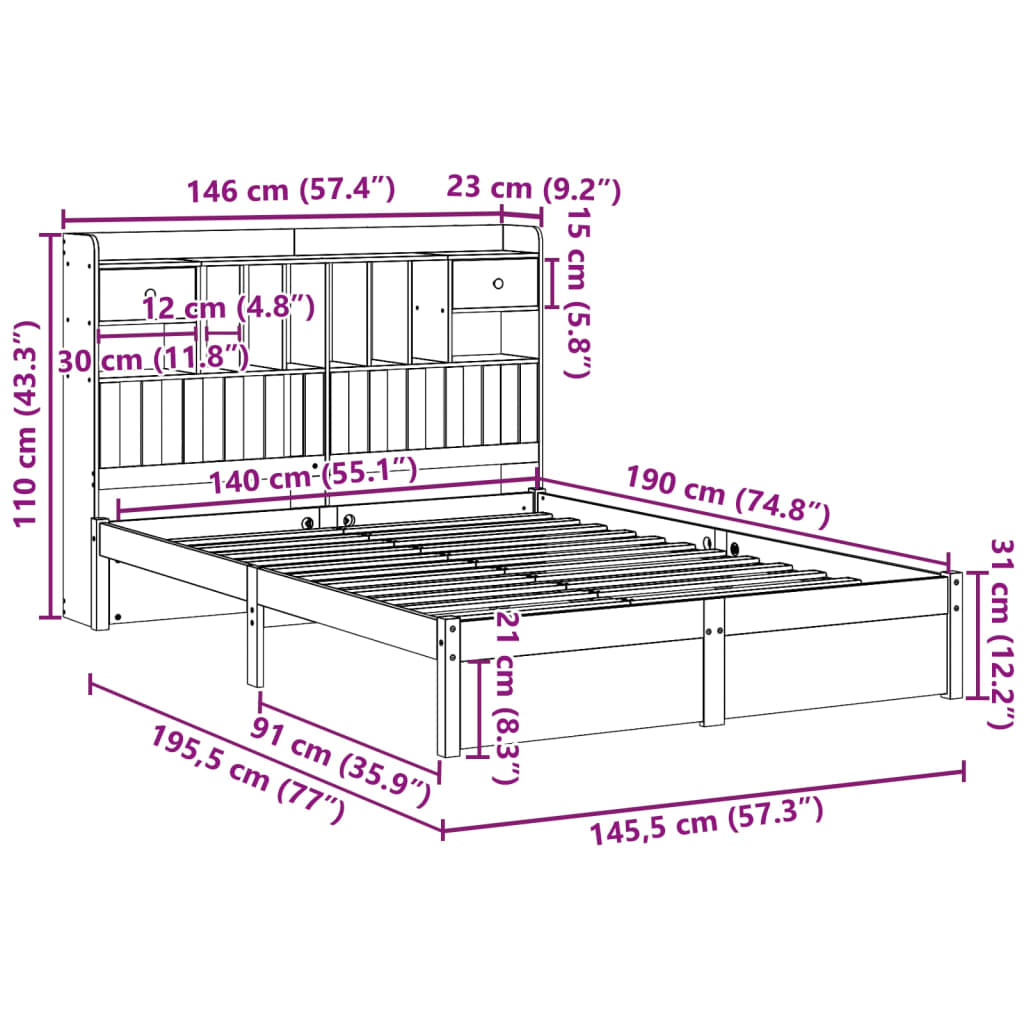 Lit en bois massif avec étagère sans matelas blanc 140x190 cm pin