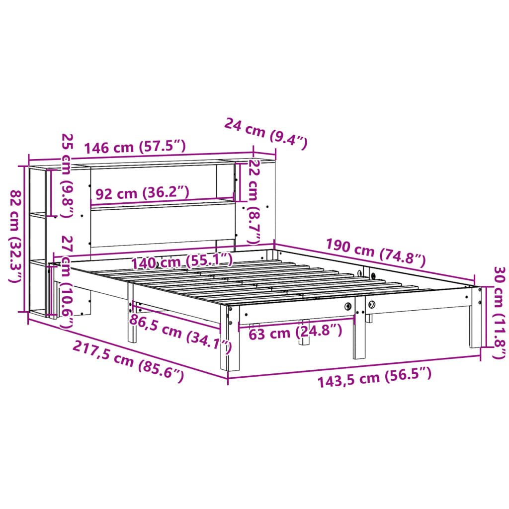 Lit en bois massif avec étagère sans matelas blanc 140x190 cm pin