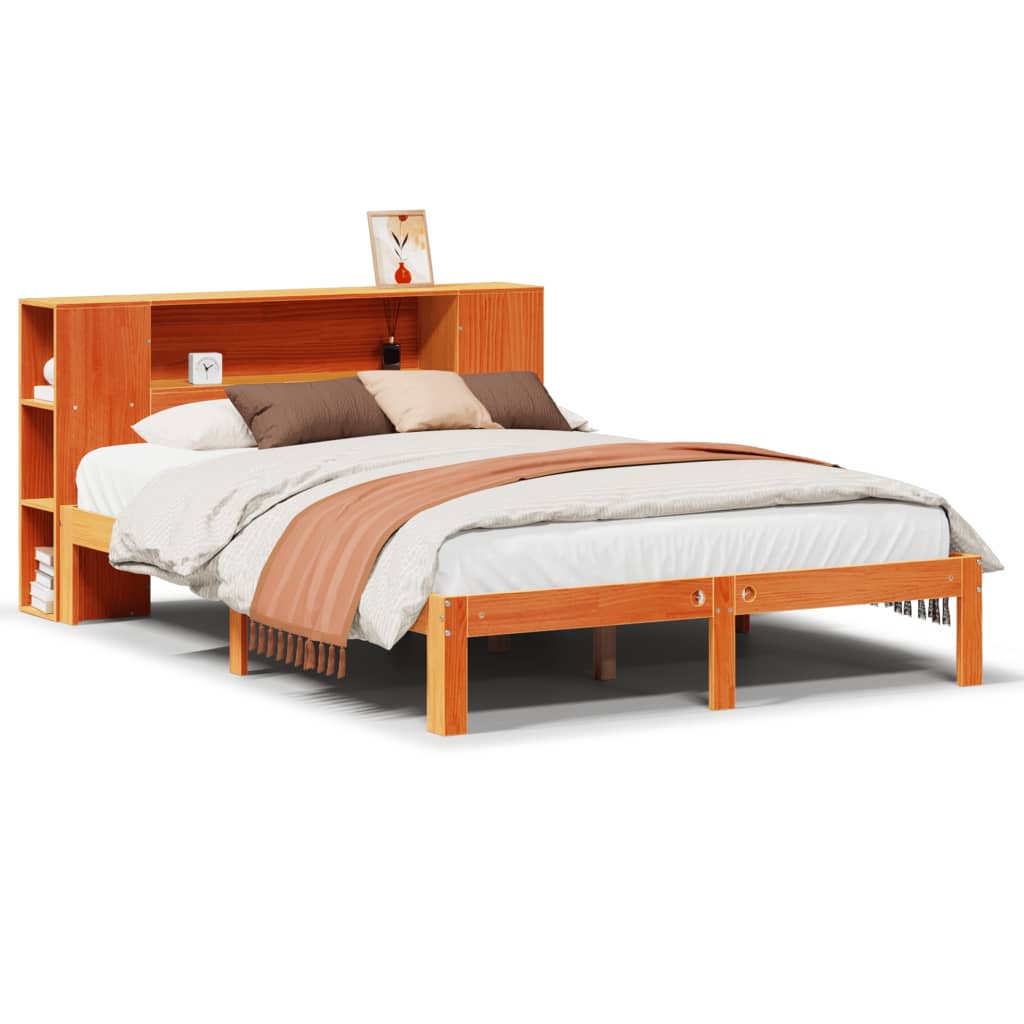 Solid wood bed with shelf without mattress, wax brown, 140x200 cm