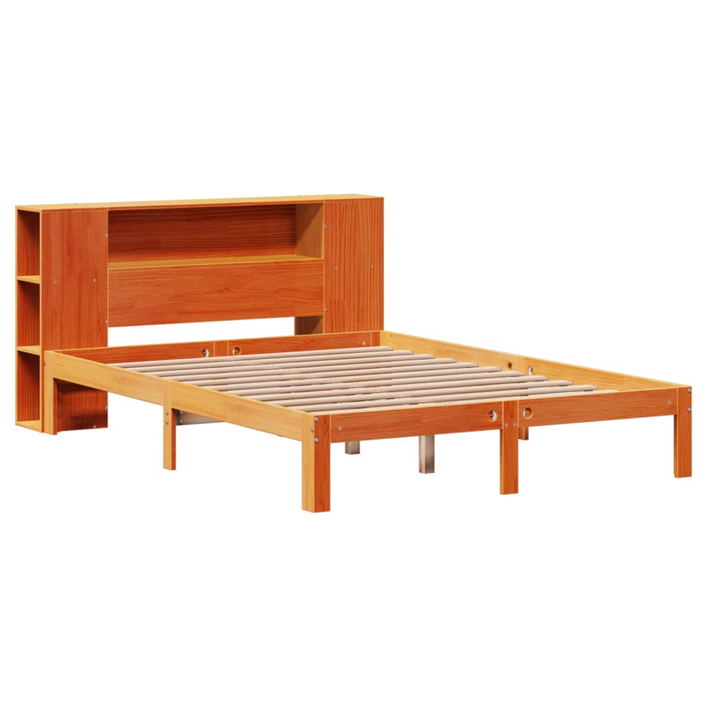 Solid wood bed with shelf without mattress, wax brown, 140x200 cm