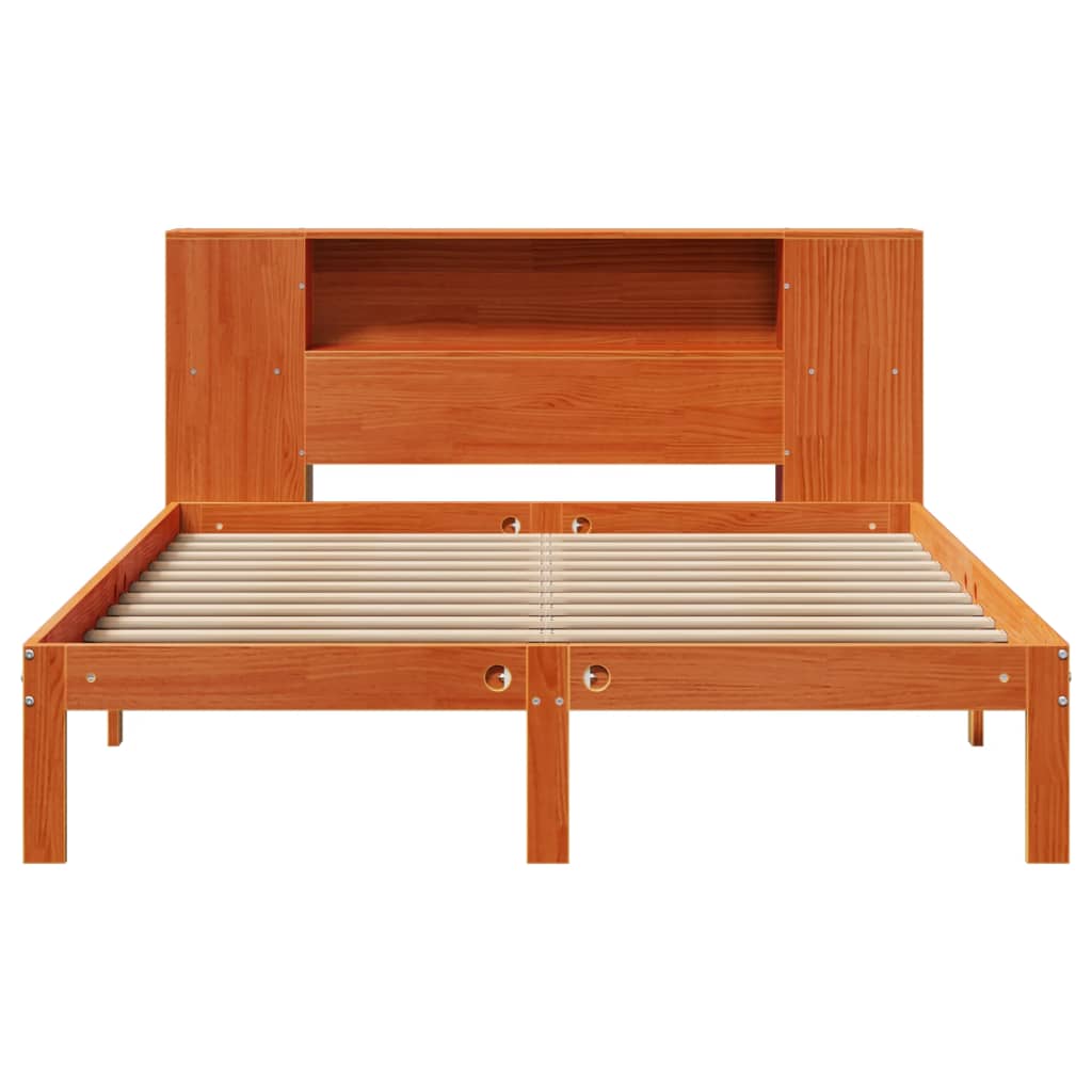 Solid wood bed with shelf without mattress, wax brown, 140x200 cm