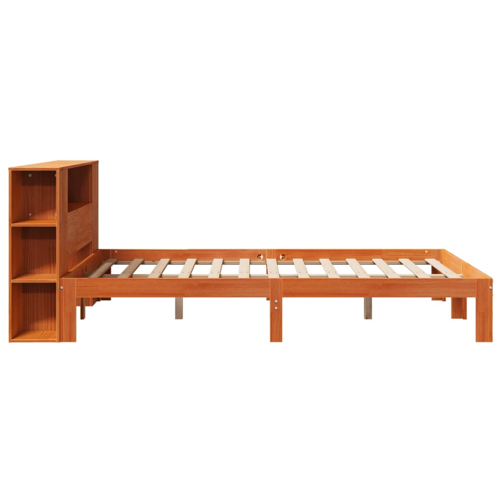 Solid wood bed with shelf without mattress, wax brown, 140x200 cm