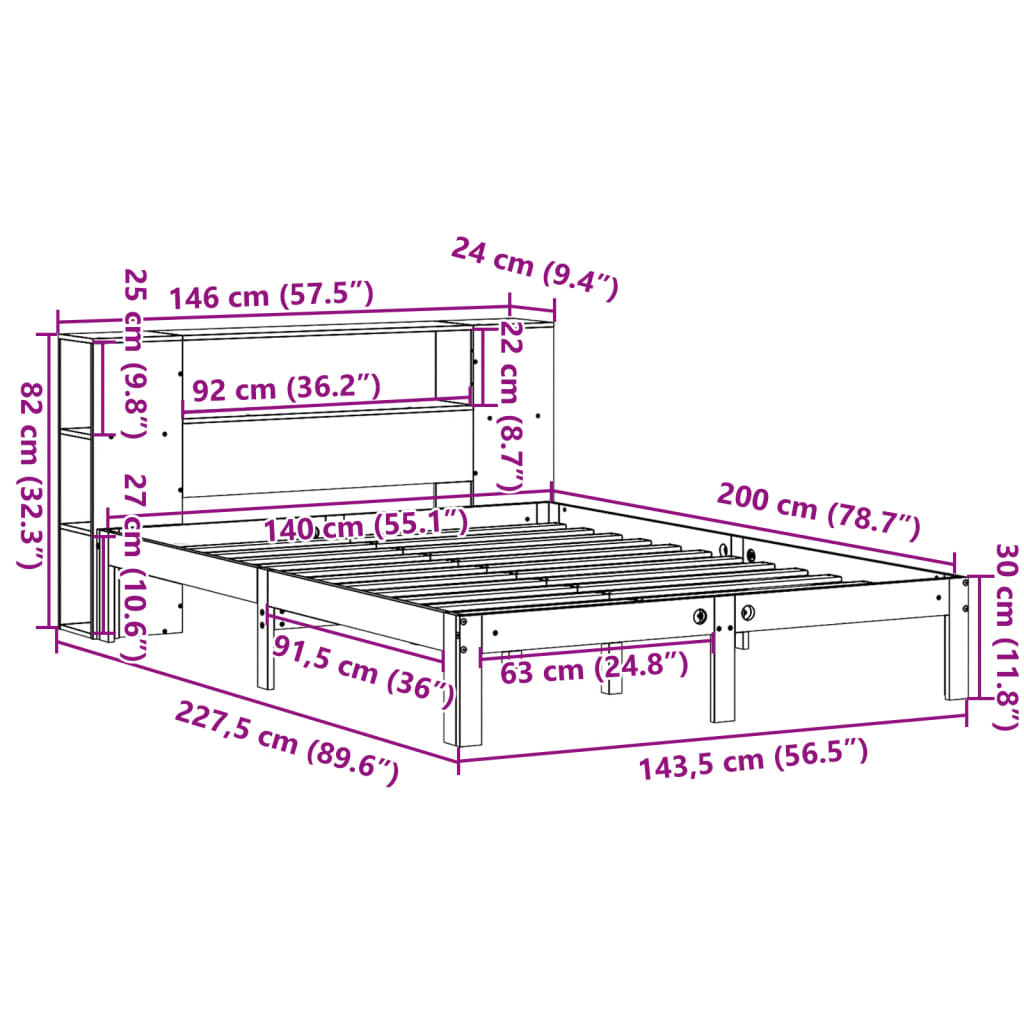 Solid wood bed with shelf without mattress, wax brown, 140x200 cm