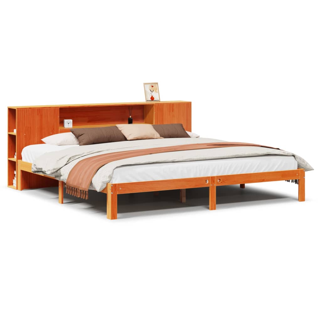 Lit en bois massif avec étagère sans matelas, marron ciré, 180x200 cm