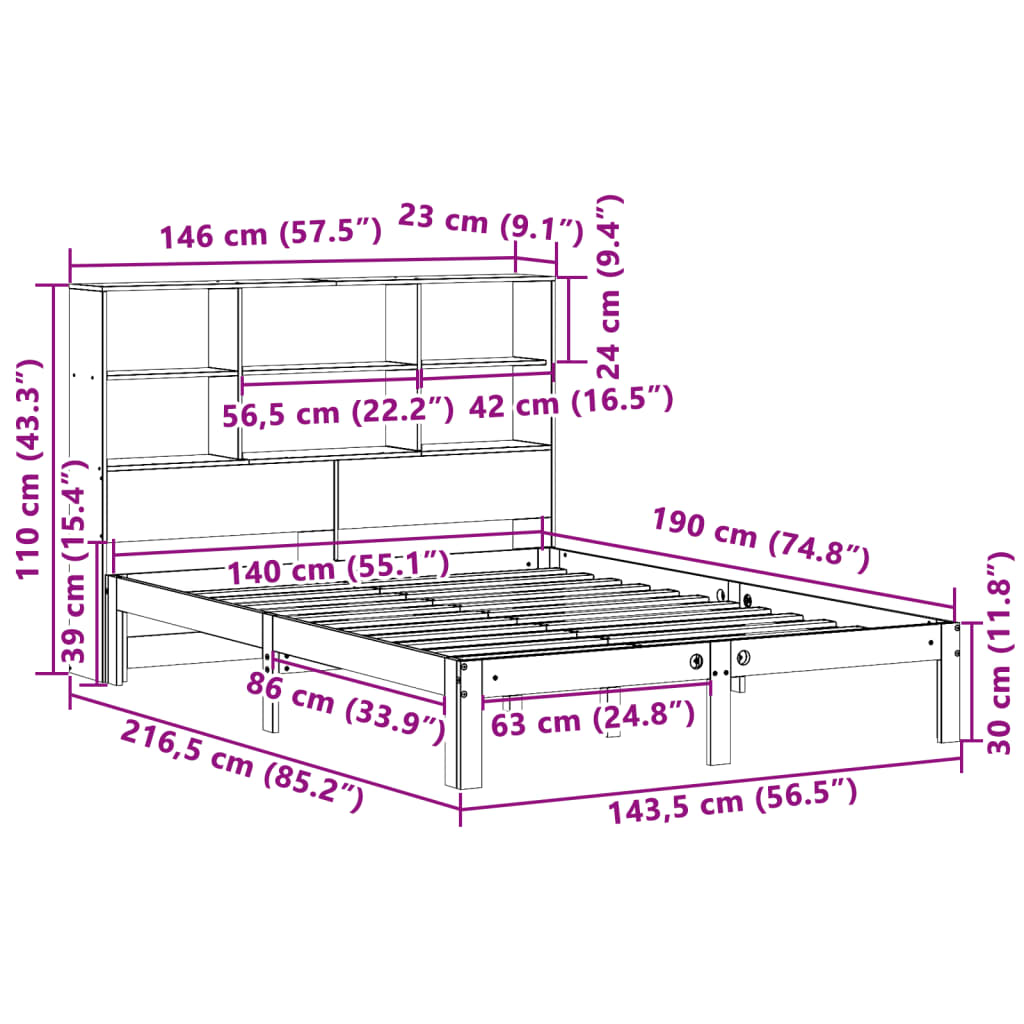 Lit en bois massif avec étagère sans matelas blanc 140x190 cm pin