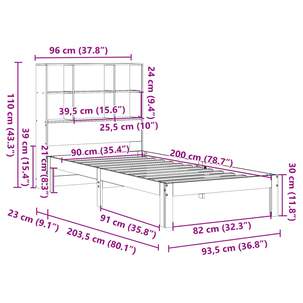 Lit en bois massif avec étagère sans matelas pin blanc 90x200 cm