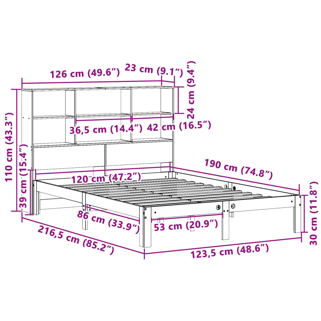 Lit en bois massif avec étagère sans matelas ciré marron 120x190 cm