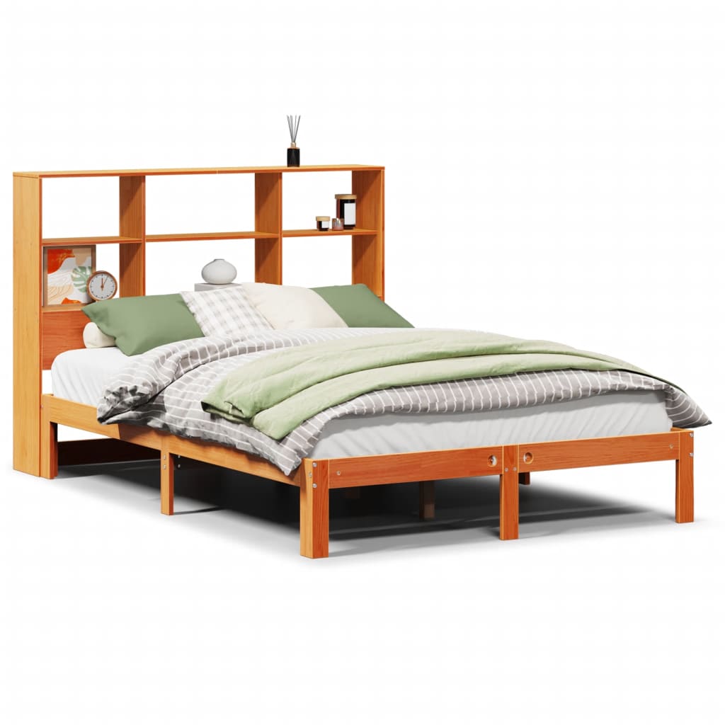 Solid wood bed with shelf without mattress, wax brown, 140x200 cm