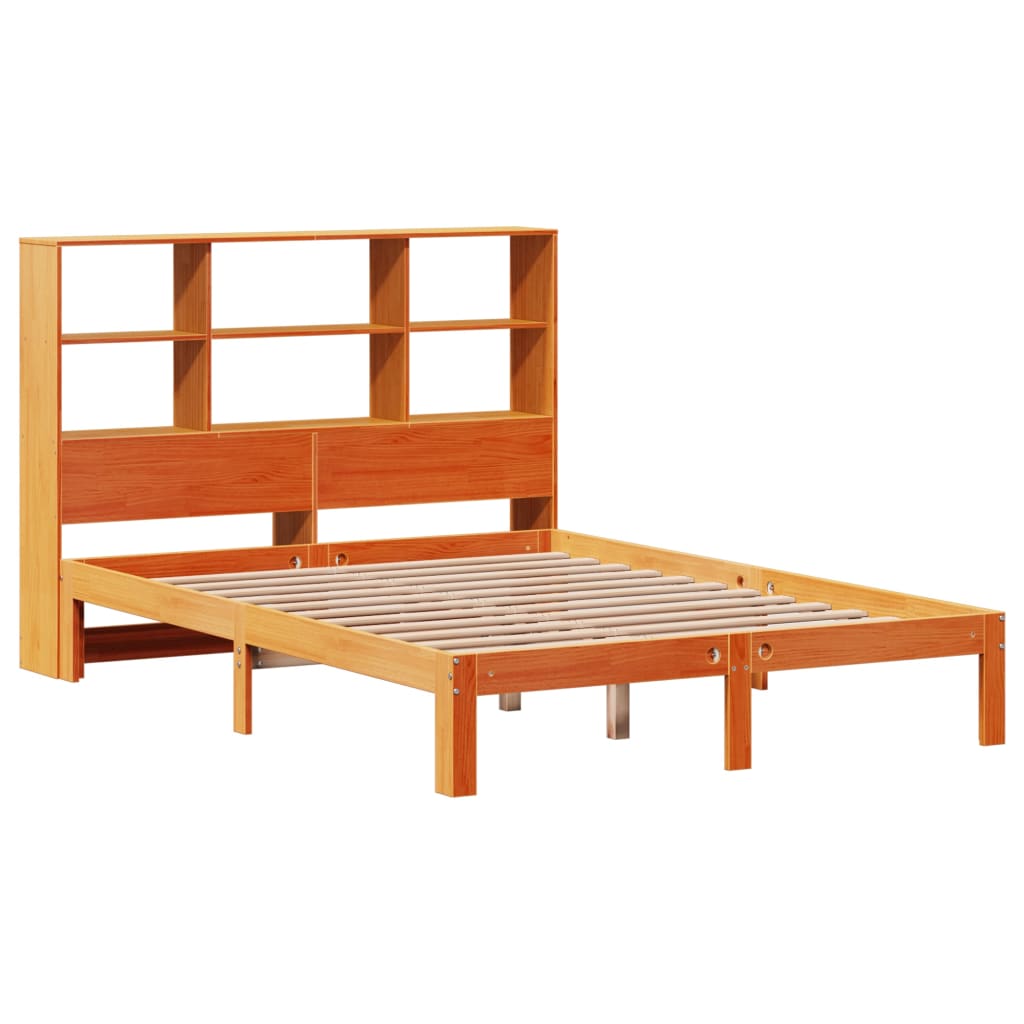 Solid wood bed with shelf without mattress, wax brown, 140x200 cm