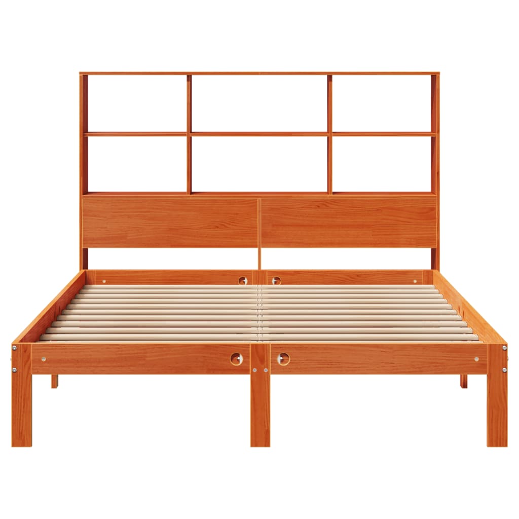 Solid wood bed with shelf without mattress, wax brown, 140x200 cm