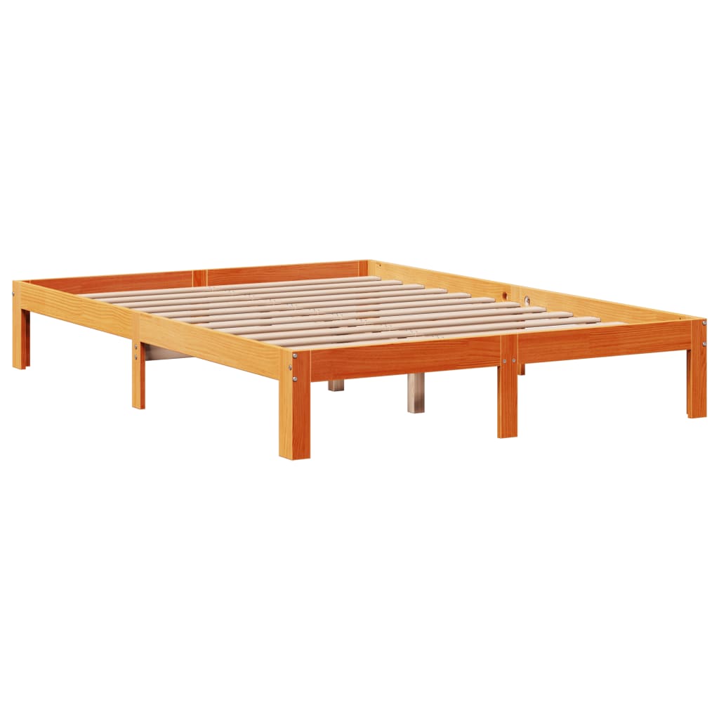 Solid wood bed with shelf without mattress, wax brown, 140x200 cm