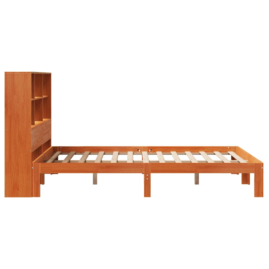 Solid wood bed with shelf without mattress, wax brown, 140x200 cm