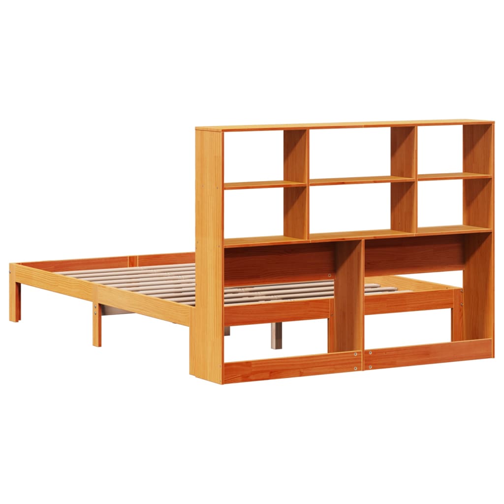 Solid wood bed with shelf without mattress, wax brown, 140x200 cm