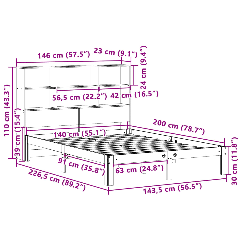 Solid wood bed with shelf without mattress, wax brown, 140x200 cm