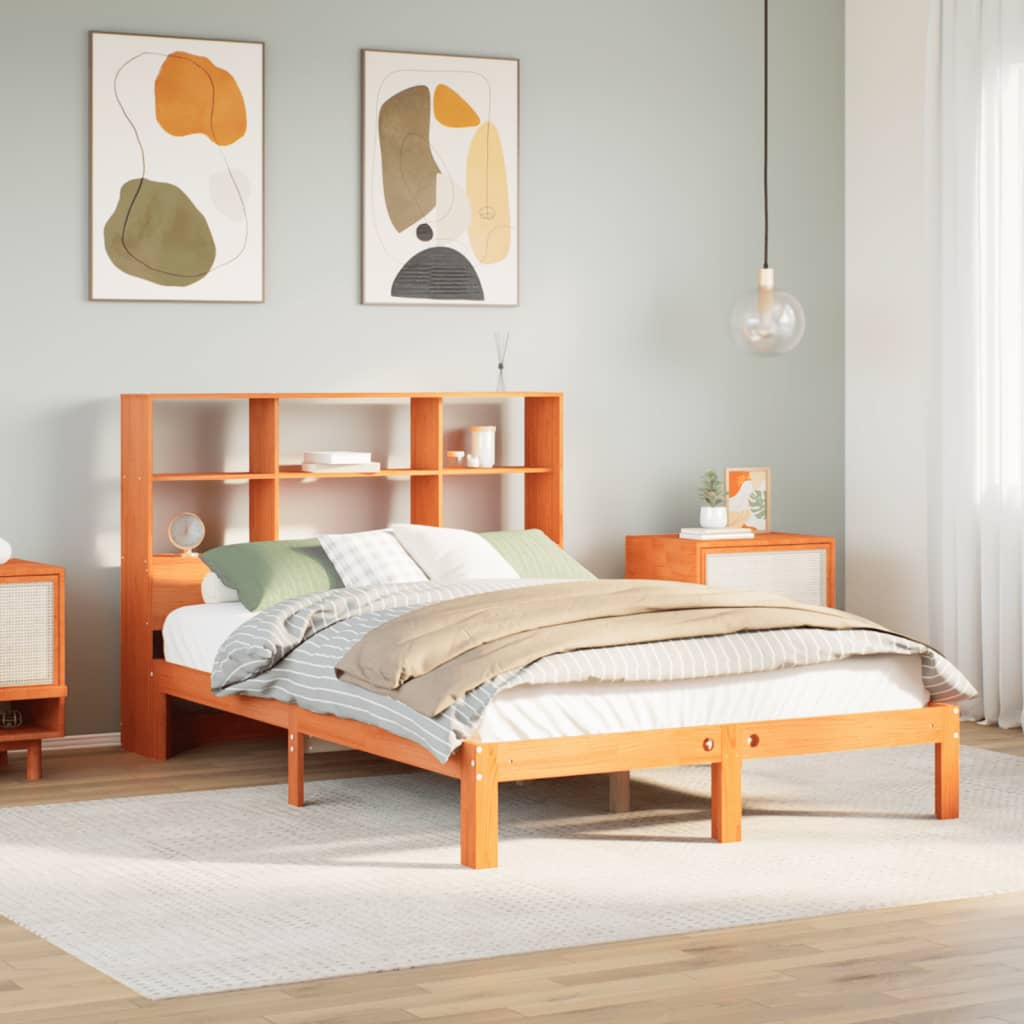 Solid wood bed with shelf without mattress, wax brown, 140x200 cm