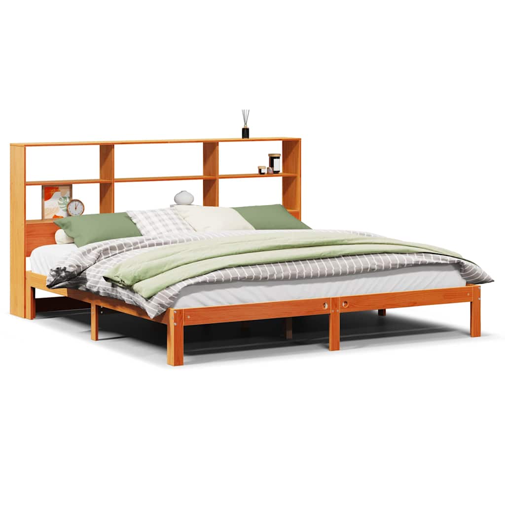 Lit en bois massif avec étagère sans matelas, marron ciré, 180x200 cm