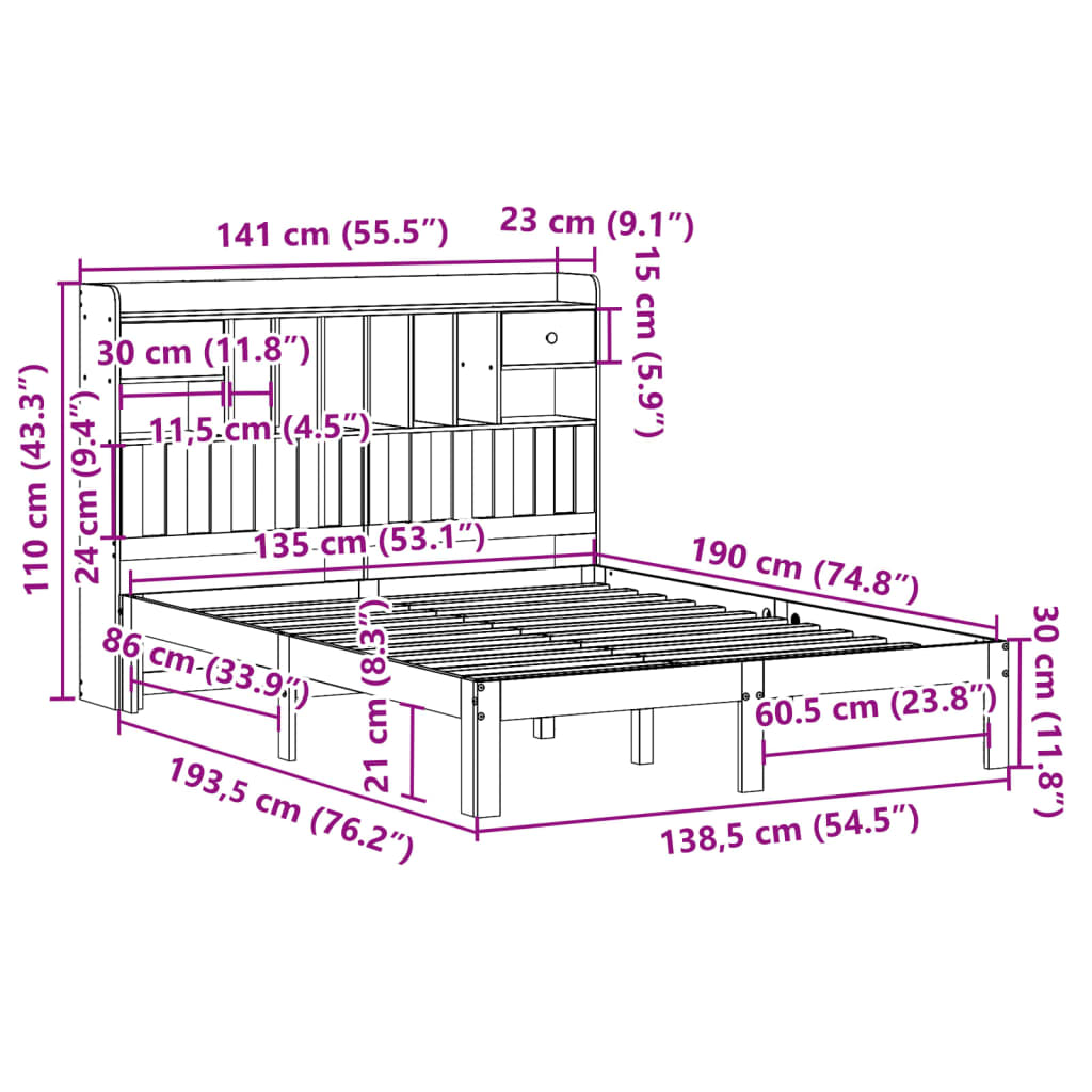 Lit en bois massif avec étagère sans matelas blanc 135x190 cm pin