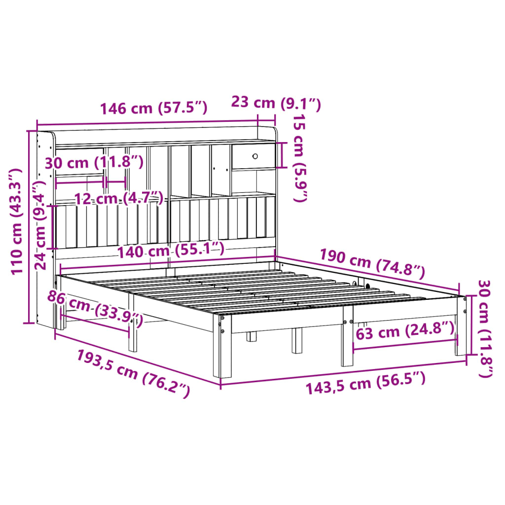 Lit en bois massif avec étagère sans matelas blanc 140x190 cm pin