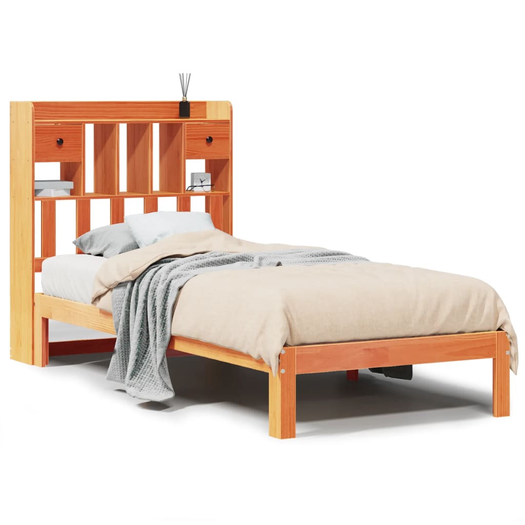 Lit en bois massif avec étagère sans matelas ciré marron 75x190 cm