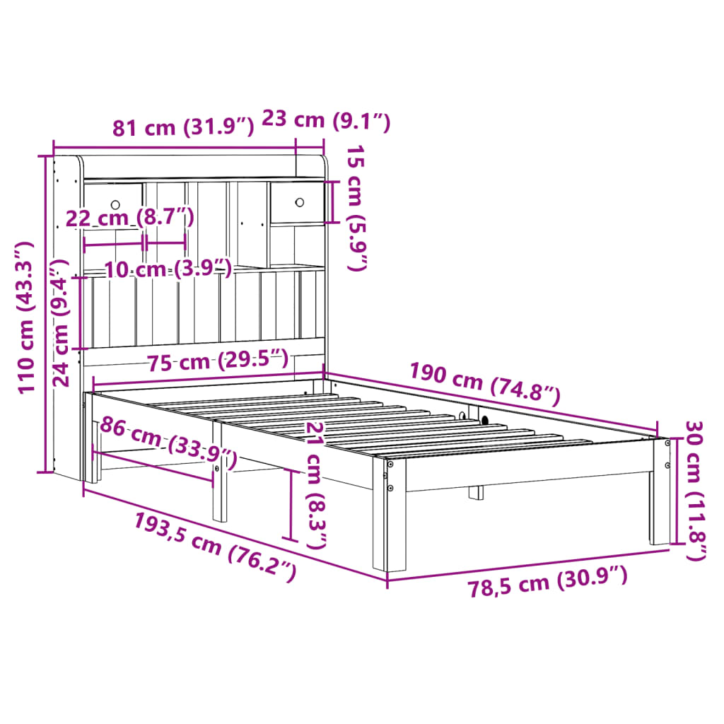 Lit en bois massif avec étagère sans matelas ciré marron 75x190 cm