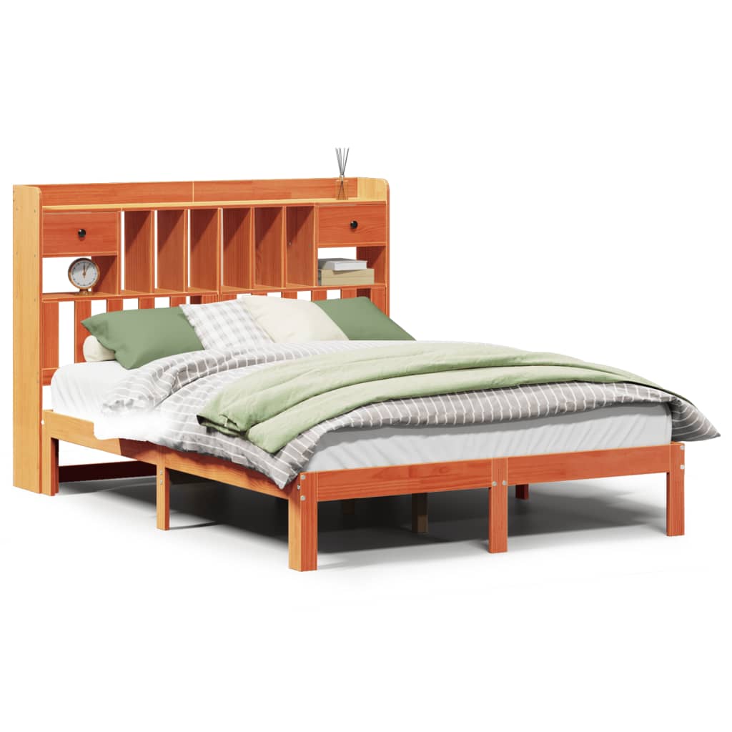 Solid wood bed with shelf without mattress, wax brown, 140x200 cm