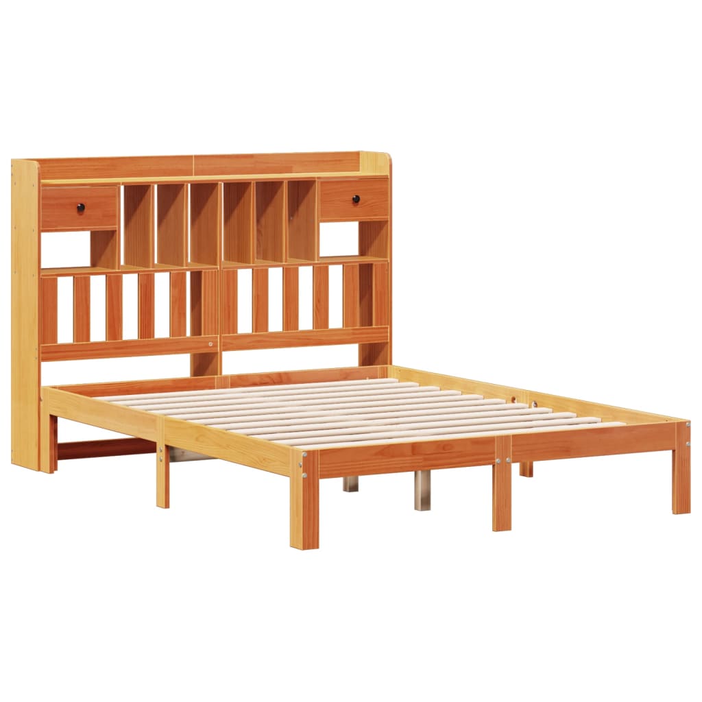 Solid wood bed with shelf without mattress, wax brown, 140x200 cm