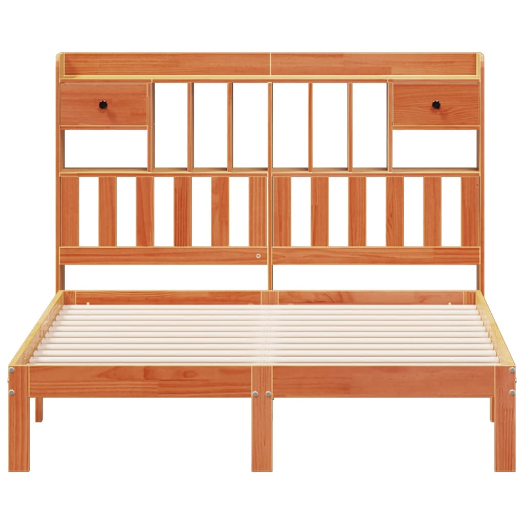 Solid wood bed with shelf without mattress, wax brown, 140x200 cm