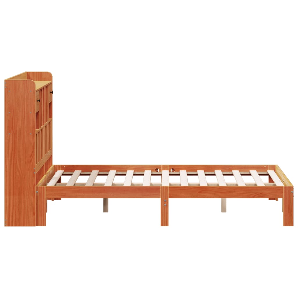 Solid wood bed with shelf without mattress, wax brown, 140x200 cm