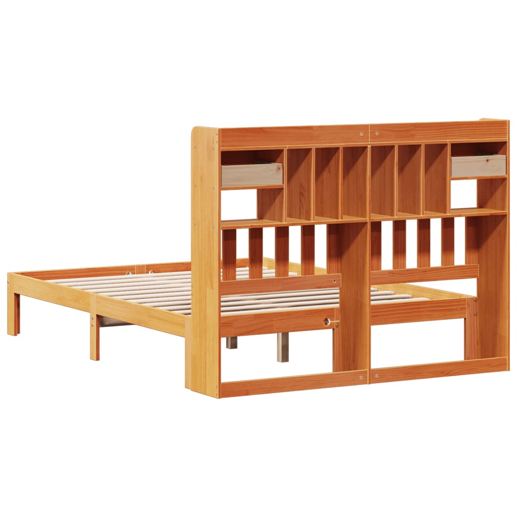 Solid wood bed with shelf without mattress, wax brown, 140x200 cm