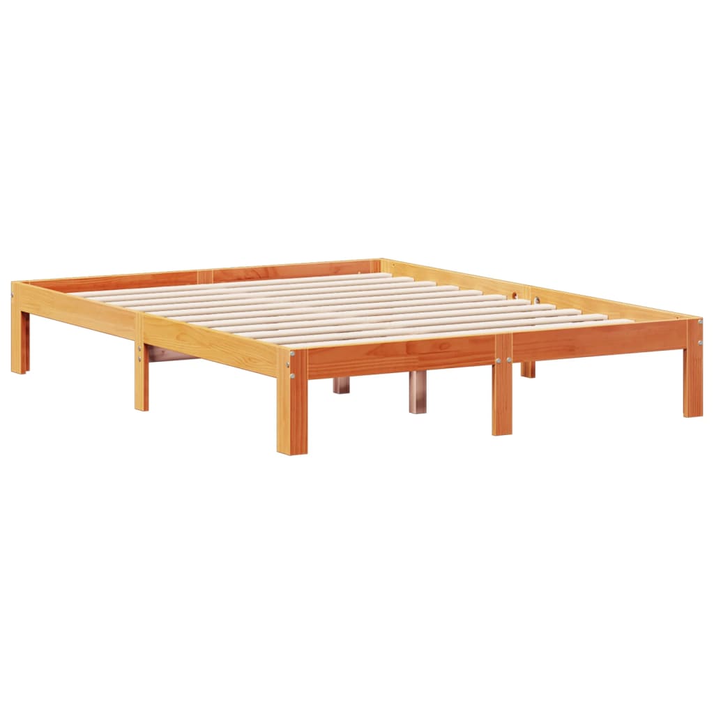 Solid wood bed with shelf without mattress, wax brown, 140x200 cm