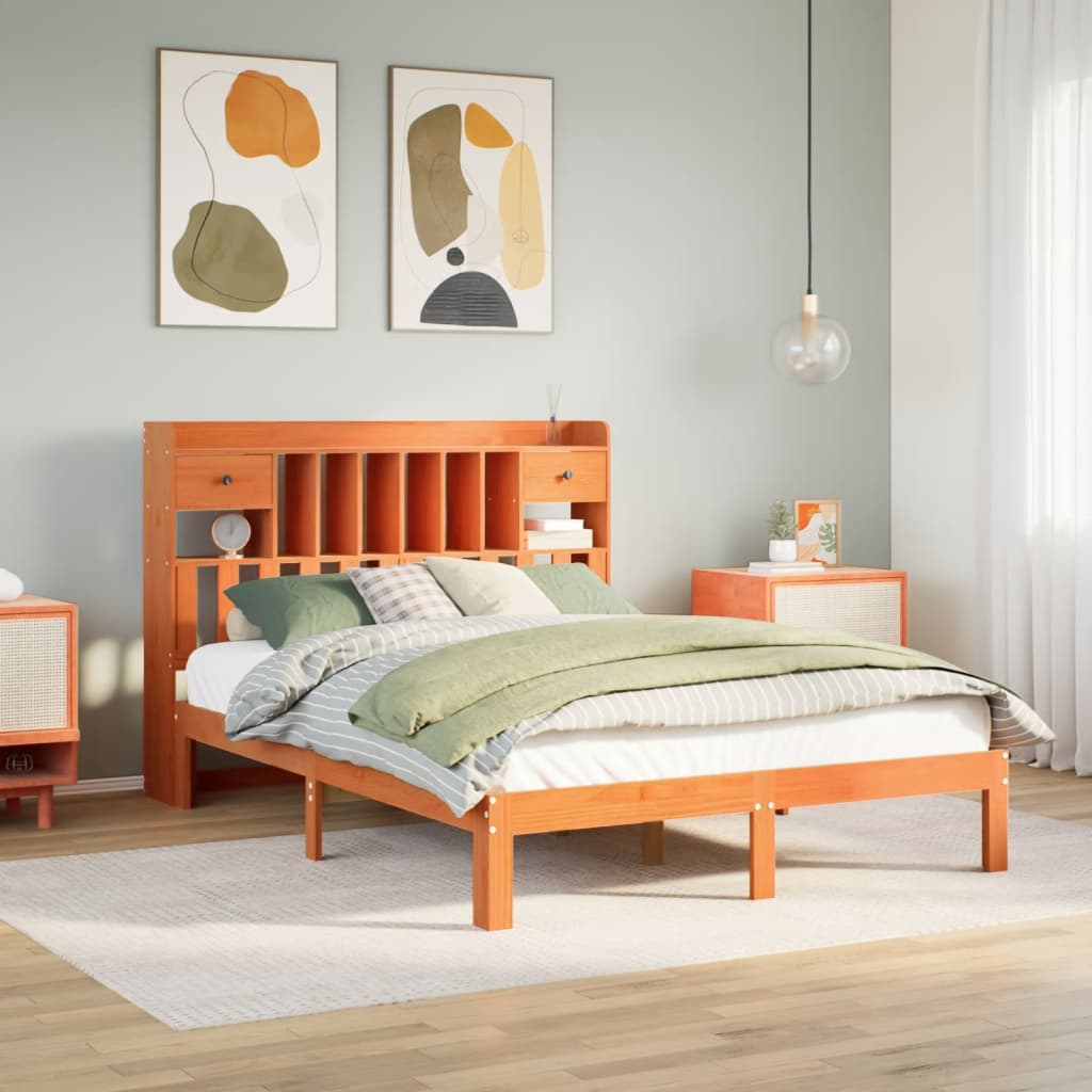 Solid wood bed with shelf without mattress, wax brown, 140x200 cm