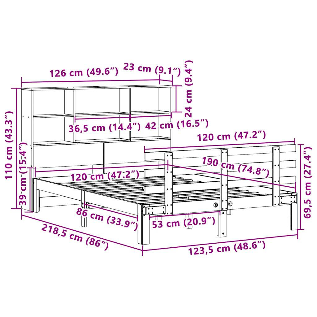 Massivholzbett mit Regal ohne Matratze 120x190 cm Kiefer