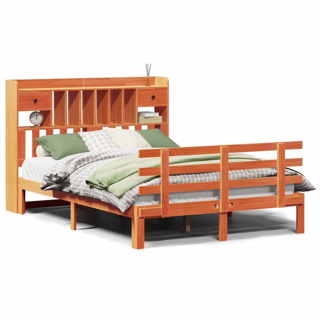 Massivholzbett mit Regal ohne Matratze Wachsbraun 140x190 cm