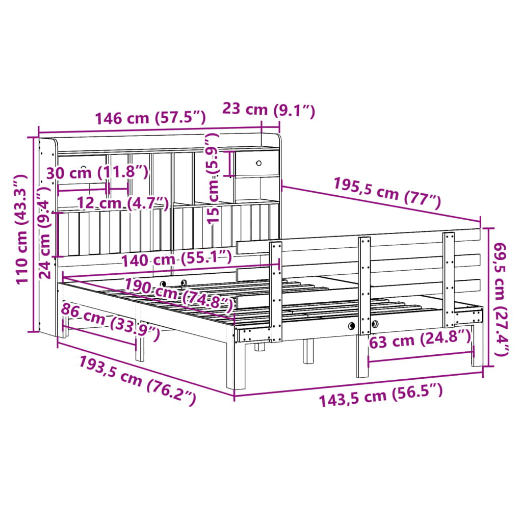 Massivholzbett mit Regal ohne Matratze Wachsbraun 140x190 cm