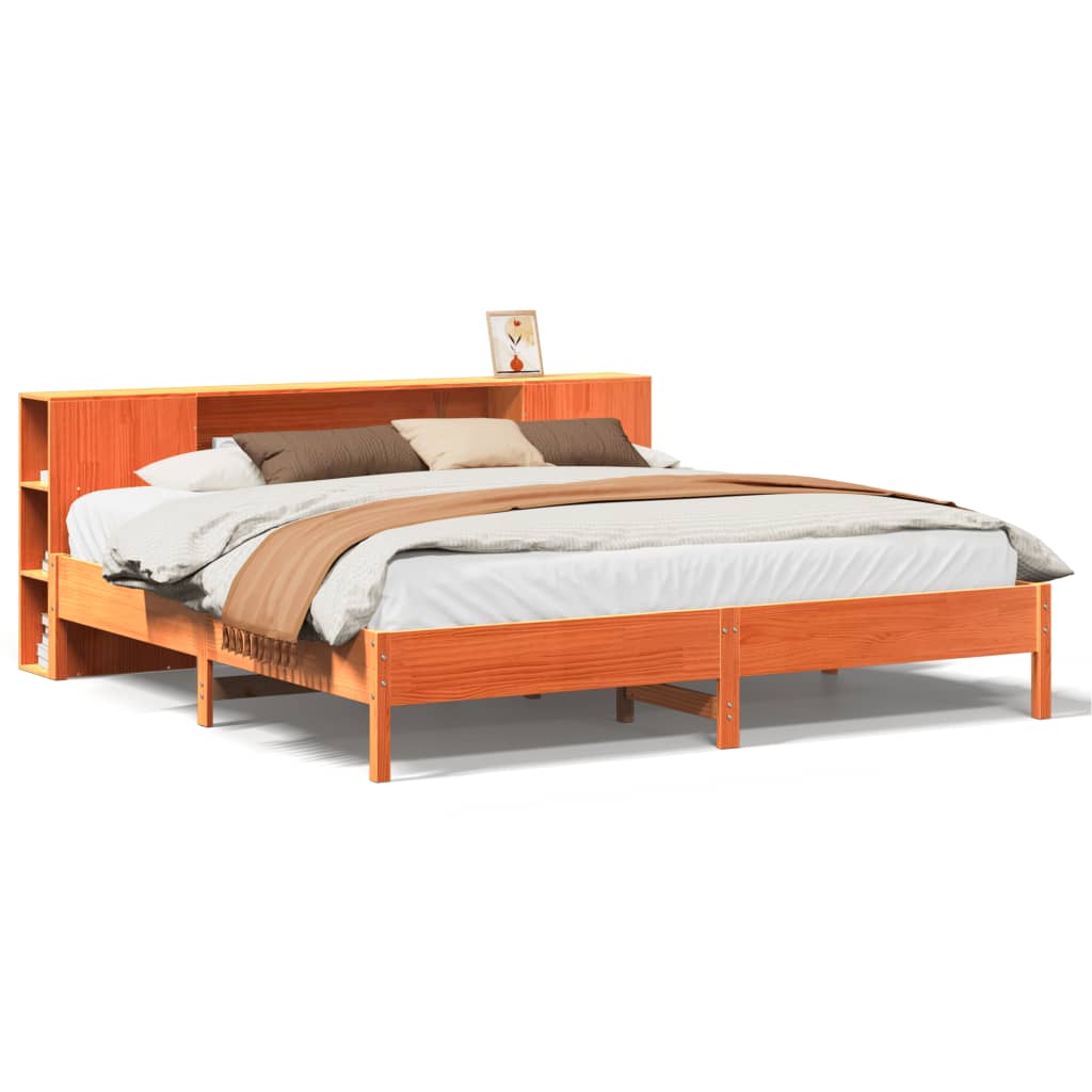 Lit en bois massif avec étagère sans matelas, couleur marron ciré, 200x200 cm