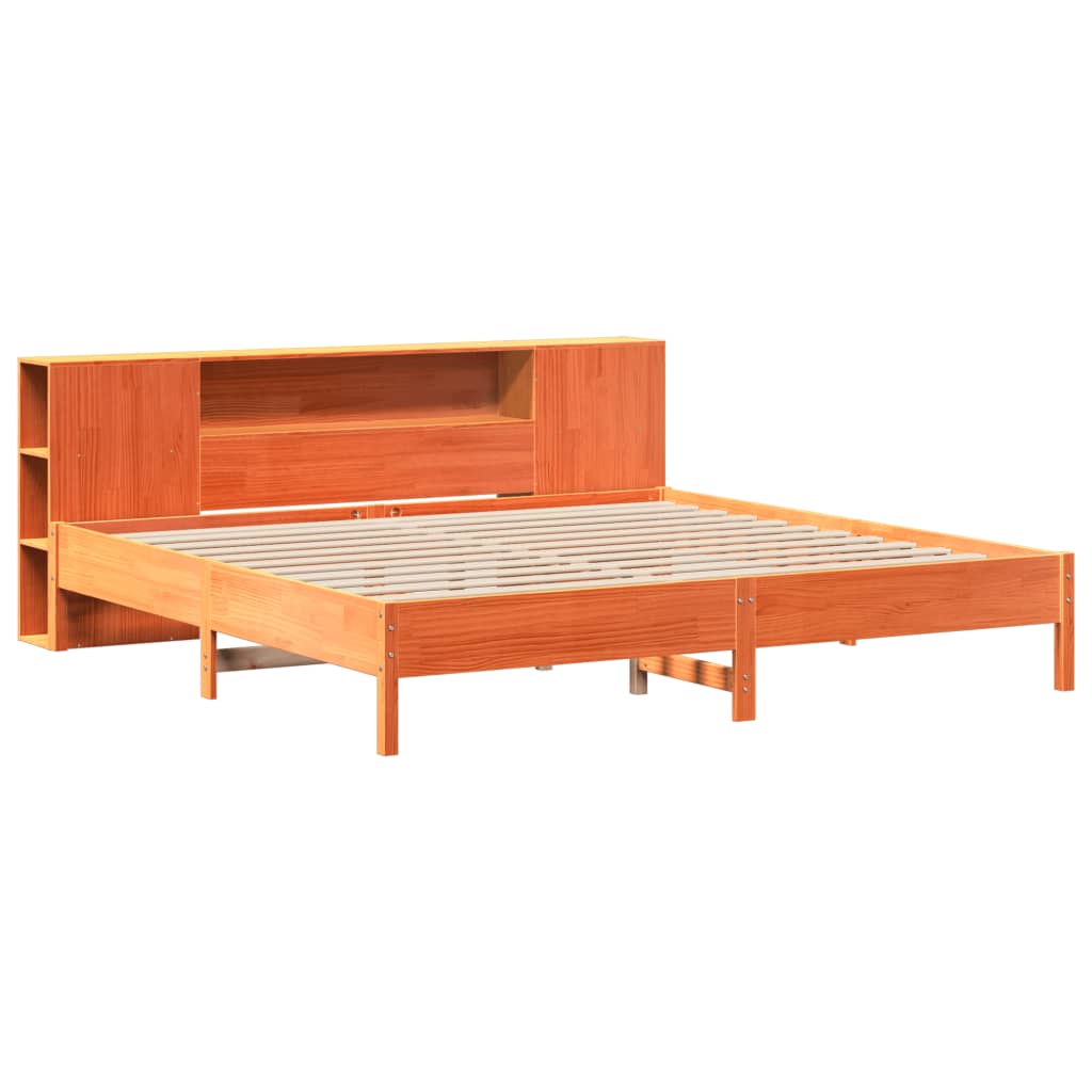 Lit en bois massif avec étagère sans matelas, couleur marron ciré, 200x200 cm