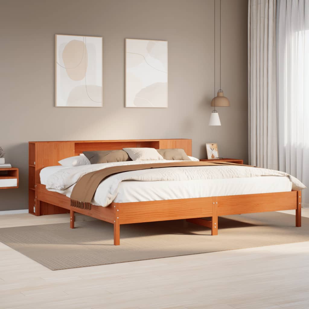 Lit en bois massif avec étagère sans matelas, couleur marron ciré, 200x200 cm