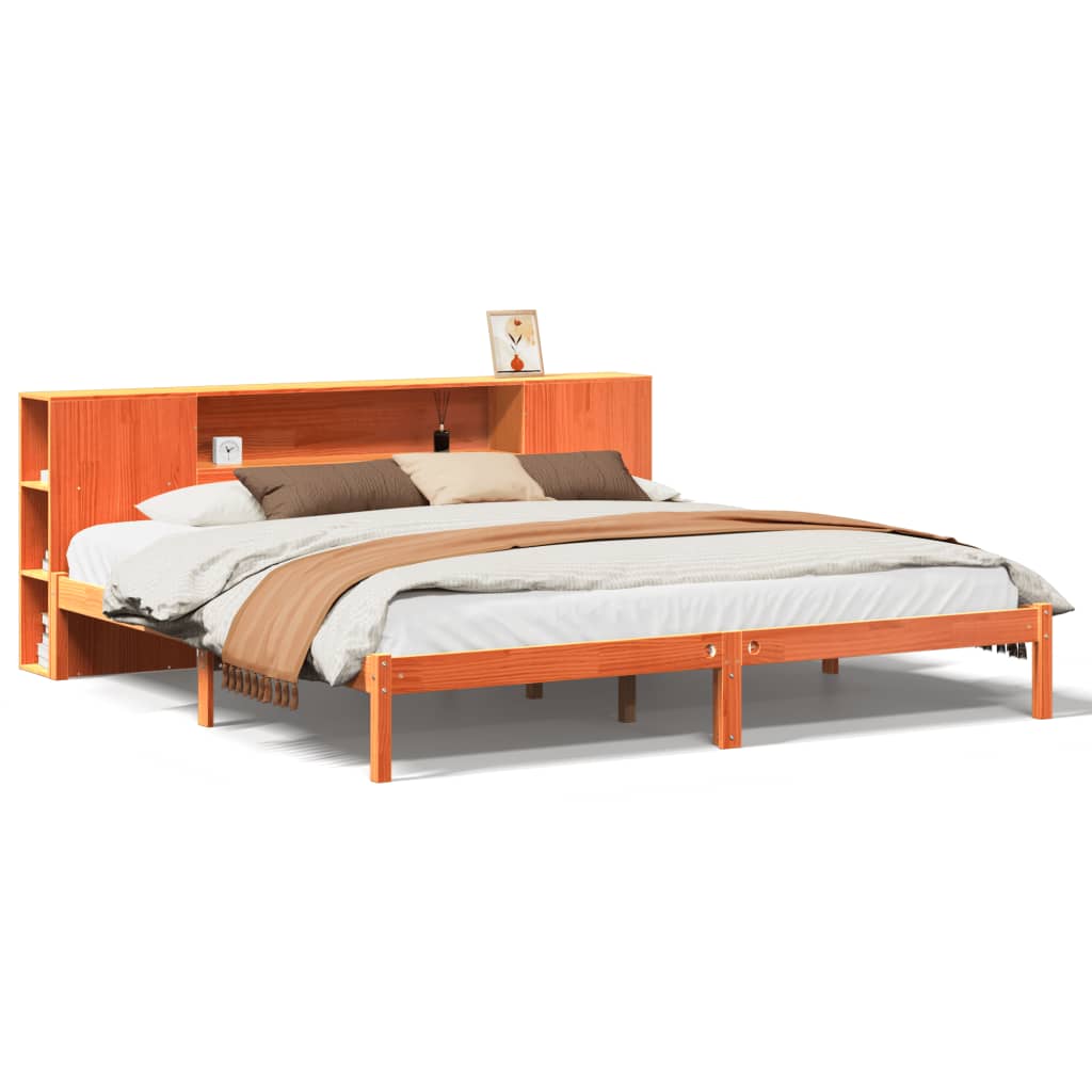 Lit en bois massif avec étagère sans matelas, marron ciré, 180x200 cm