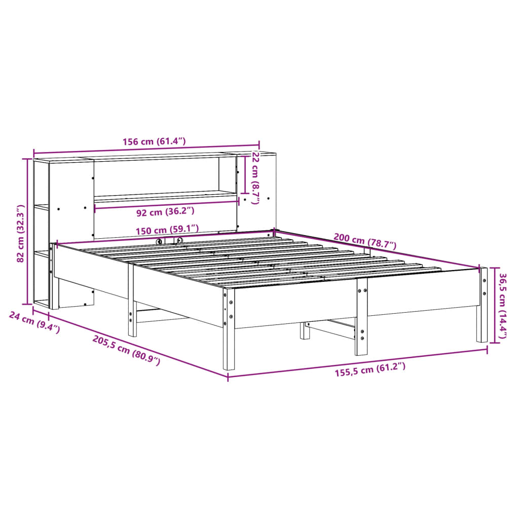 Solid wood bed with shelf without mattress white 150x200 cm pine