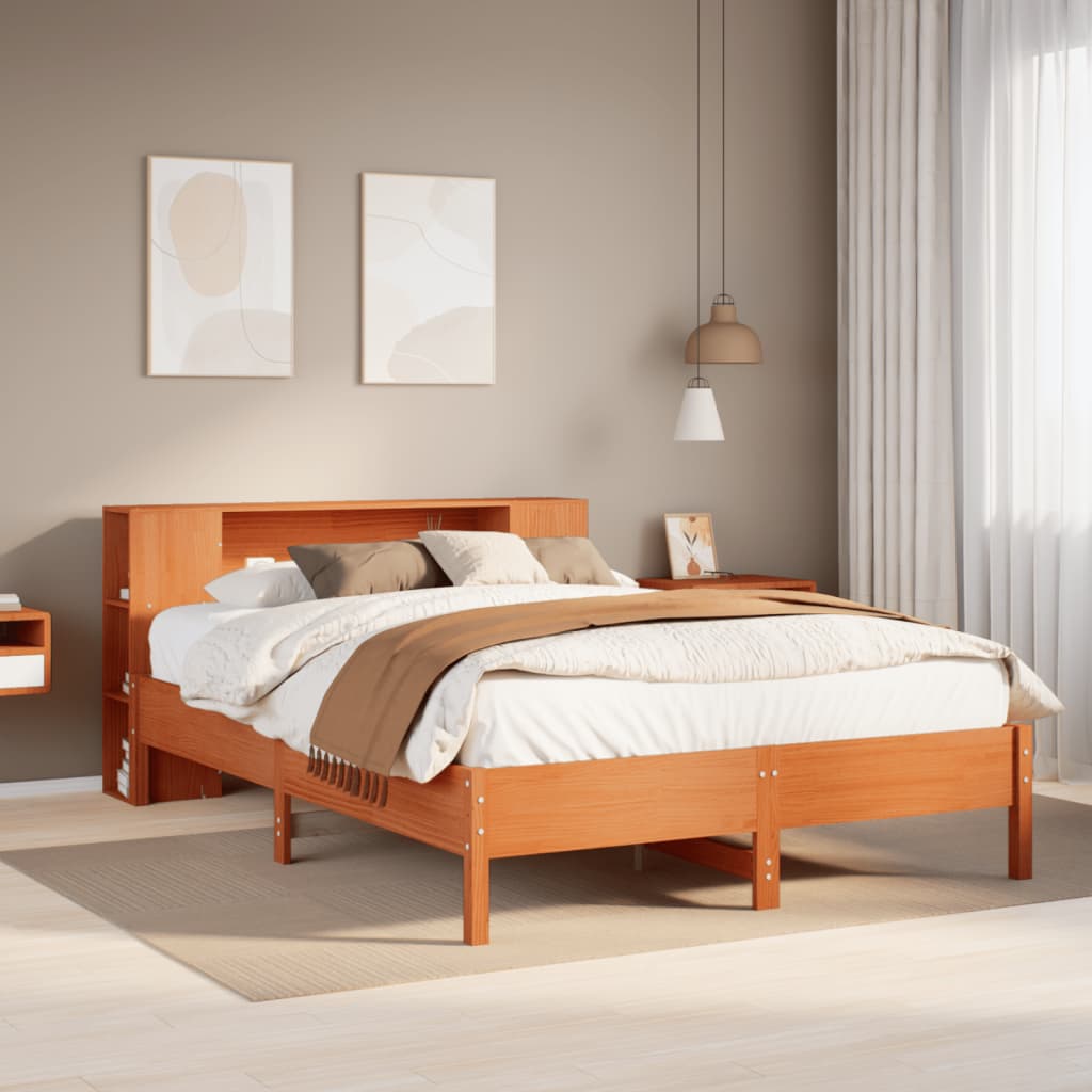 Solid wood bed with shelf without mattress, wax brown, 140x200 cm