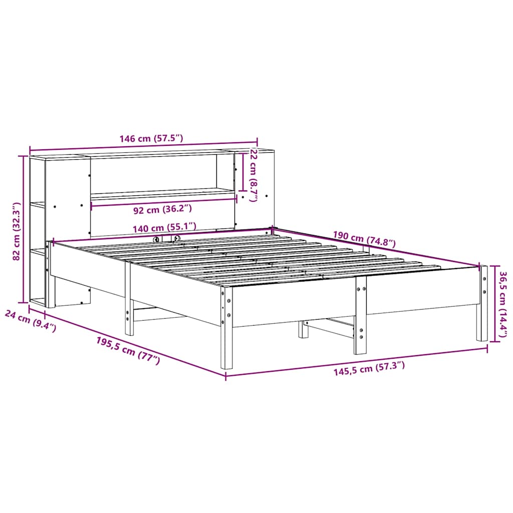 Lit en bois massif avec étagère sans matelas blanc 140x190 cm pin