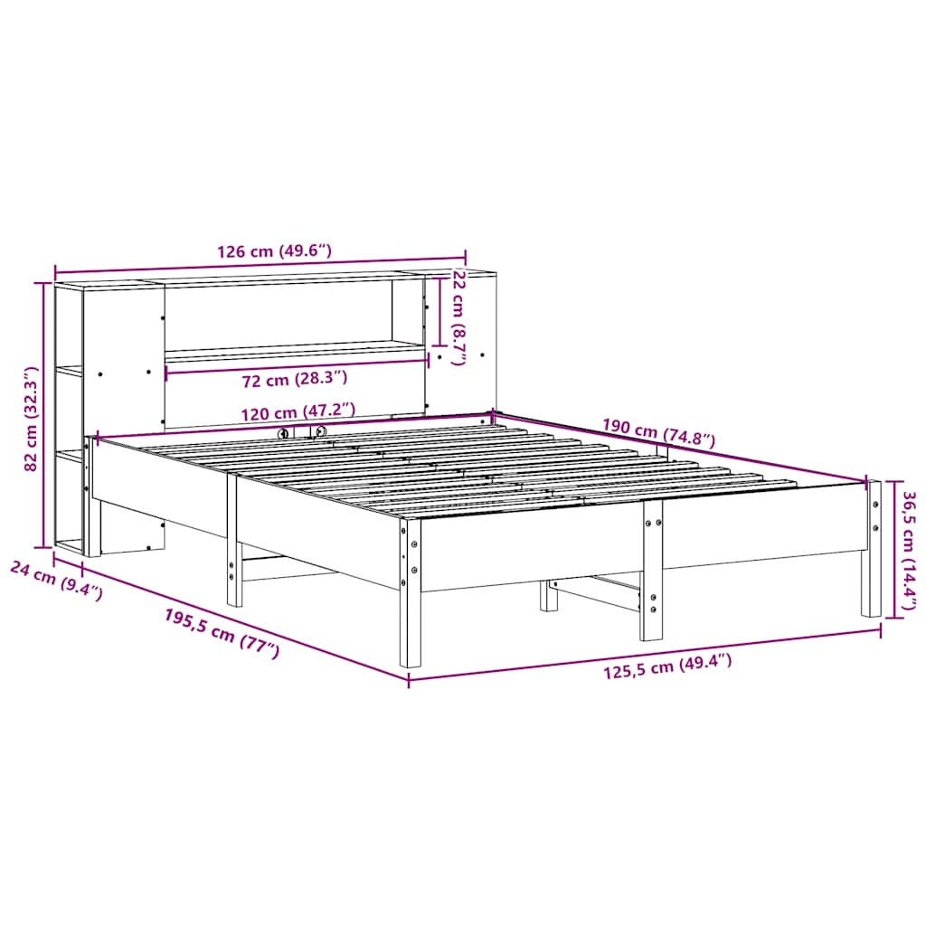 Lit en bois massif avec étagère sans matelas pin blanc 120x190 cm