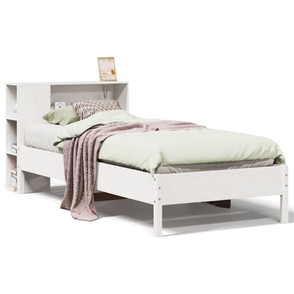 Lit en bois massif avec étagère sans matelas pin blanc 100x200 cm
