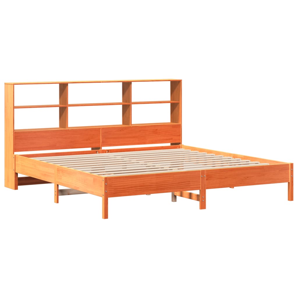 Lit en bois massif avec étagère sans matelas, couleur marron ciré, 200x200 cm