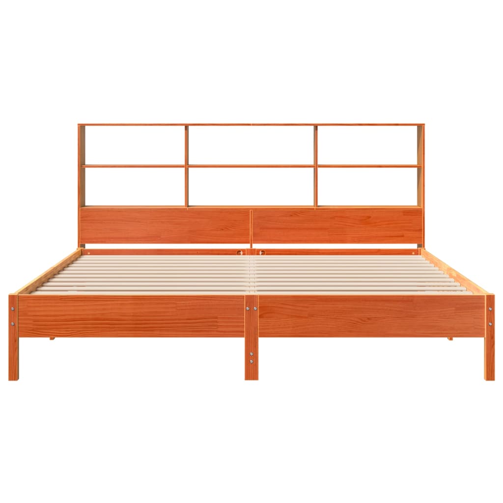 Lit en bois massif avec étagère sans matelas, couleur marron ciré, 200x200 cm