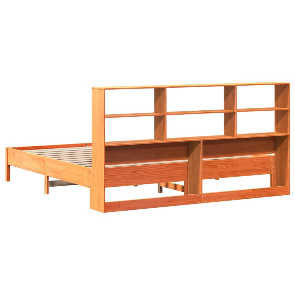Lit en bois massif avec étagère sans matelas, couleur marron ciré, 200x200 cm