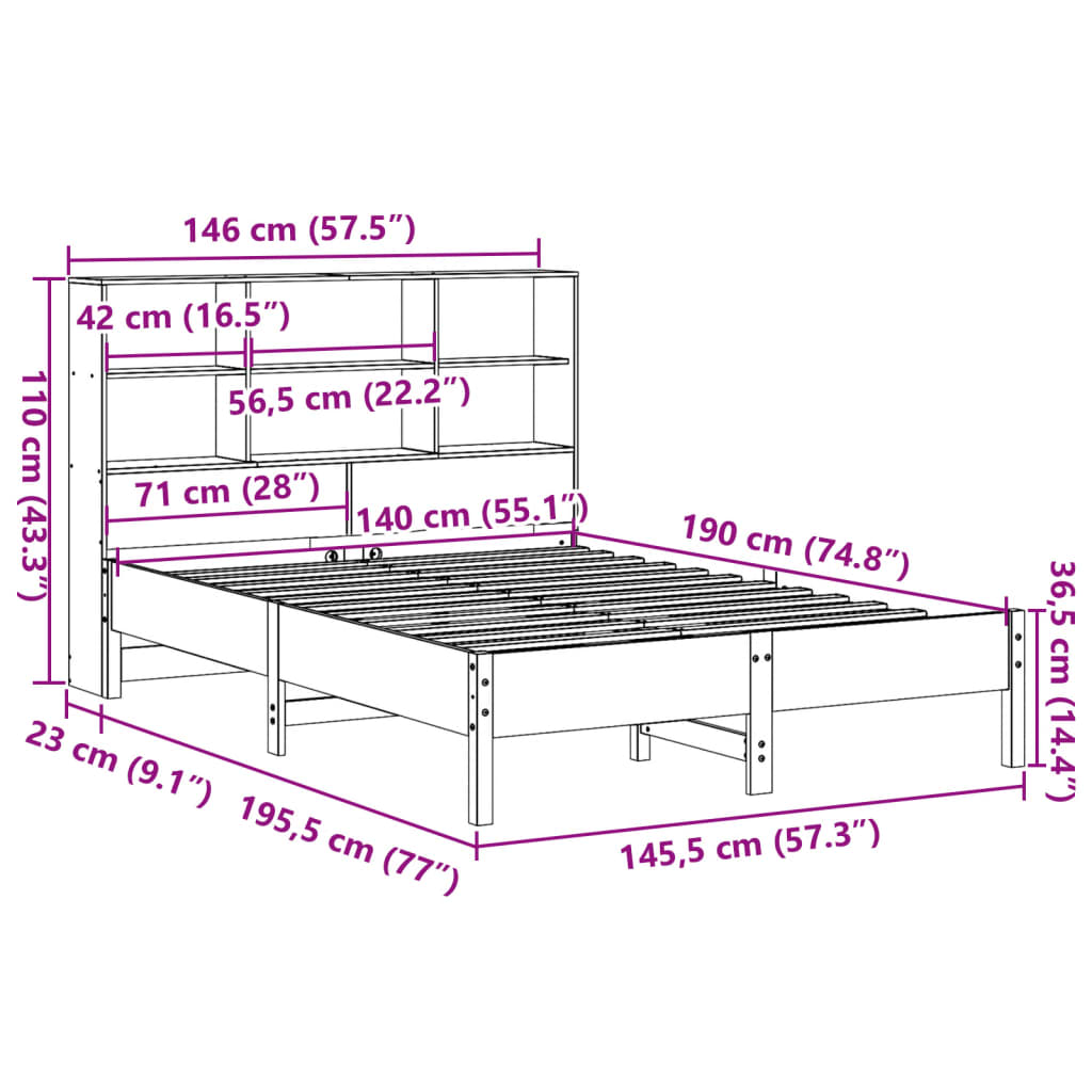 Lit en bois massif avec étagère sans matelas blanc 140x190 cm pin