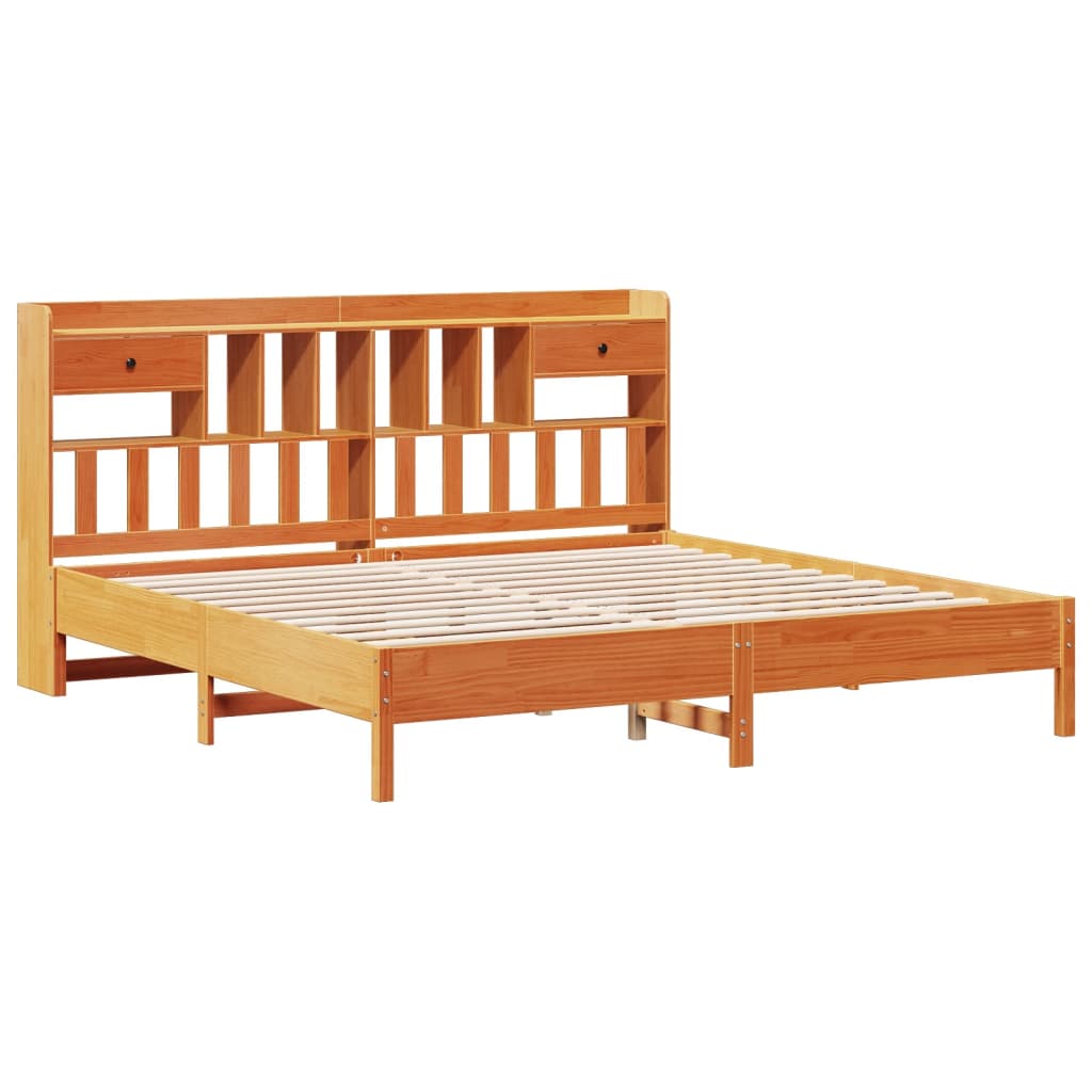 Lit en bois massif avec étagère sans matelas, couleur marron ciré, 200x200 cm