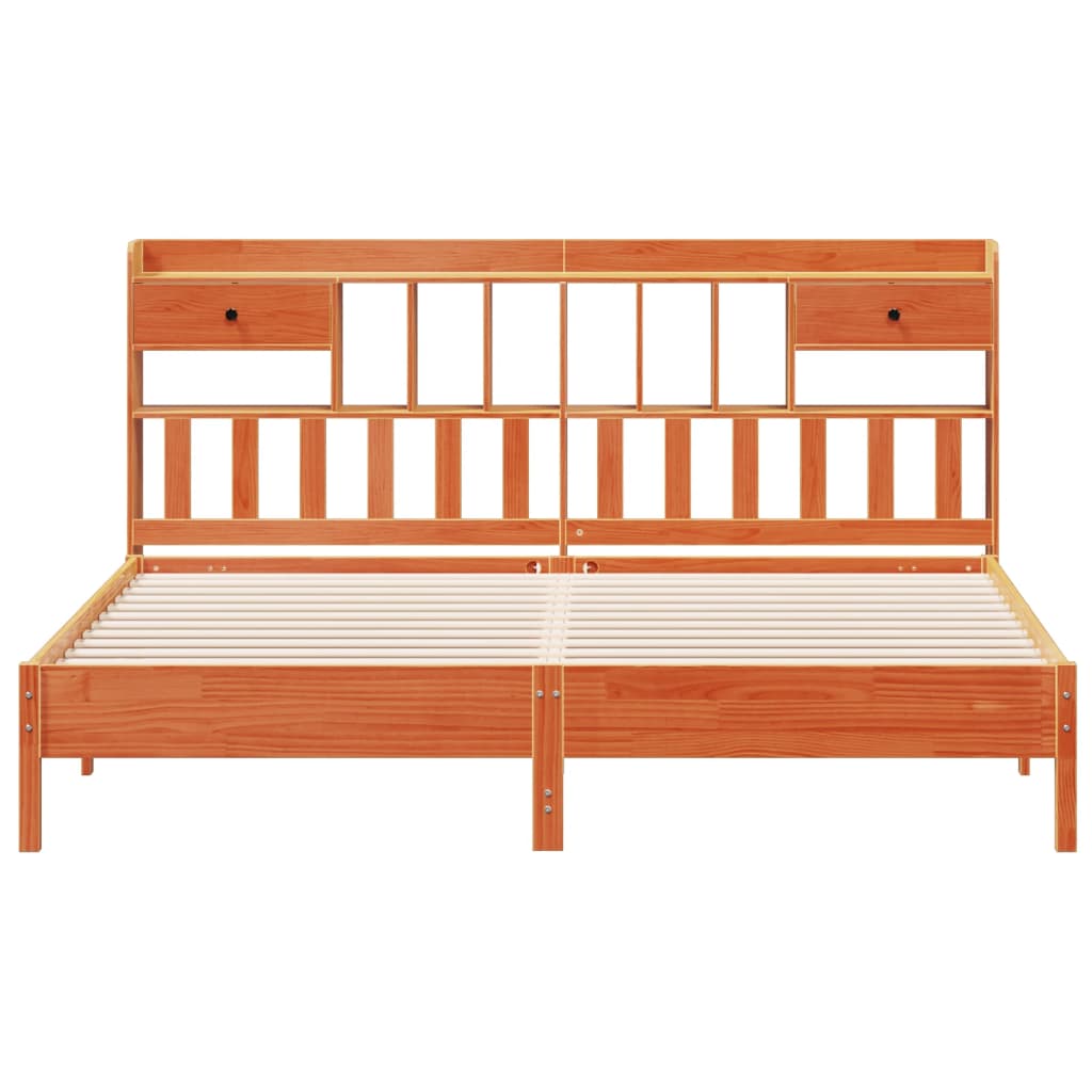 Lit en bois massif avec étagère sans matelas, couleur marron ciré, 200x200 cm